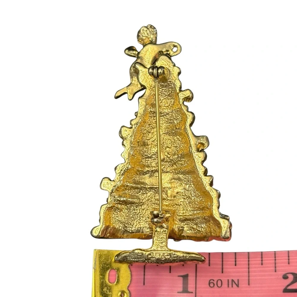Vintage Christmas Tree Brooch Angel Brooch Holiday Gold‎ Tone Estate Pendant